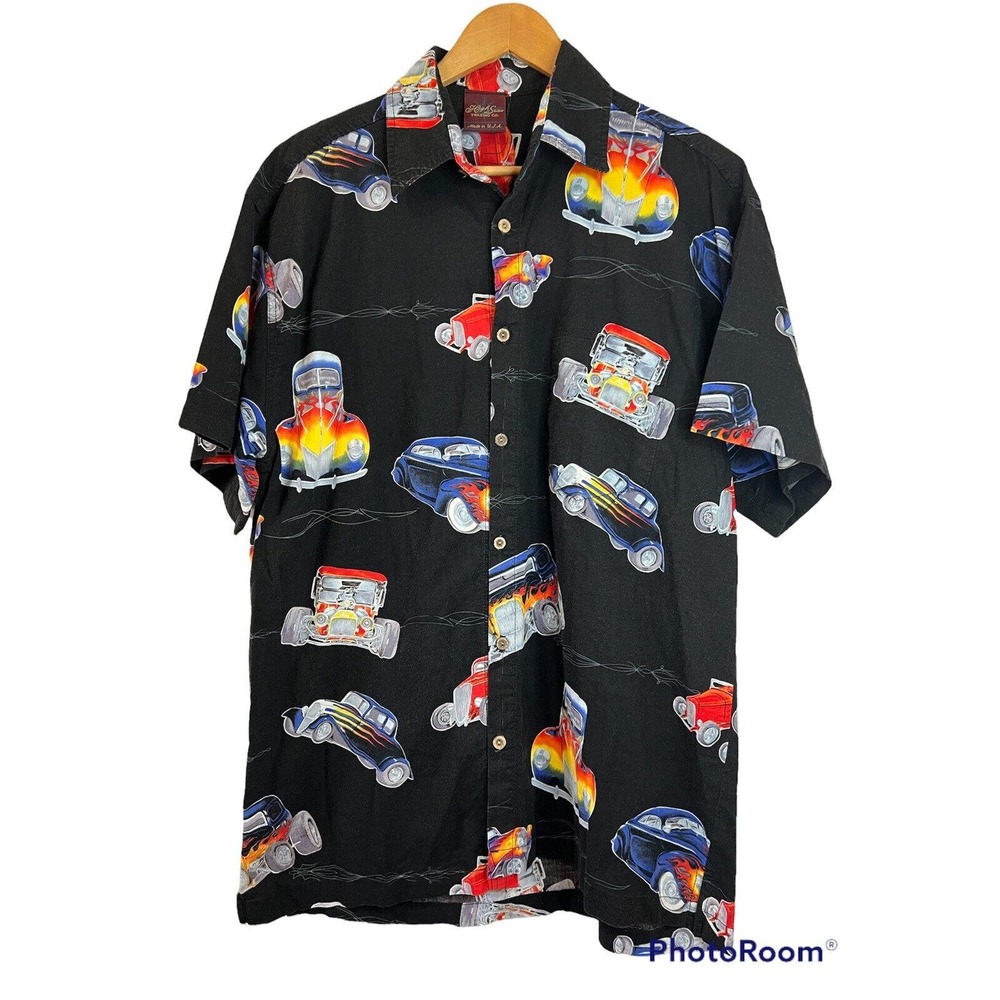 Vintage Hot Rat Rod Hawaiian Shirt Men's L Single Stitch High Seas Trading Co.